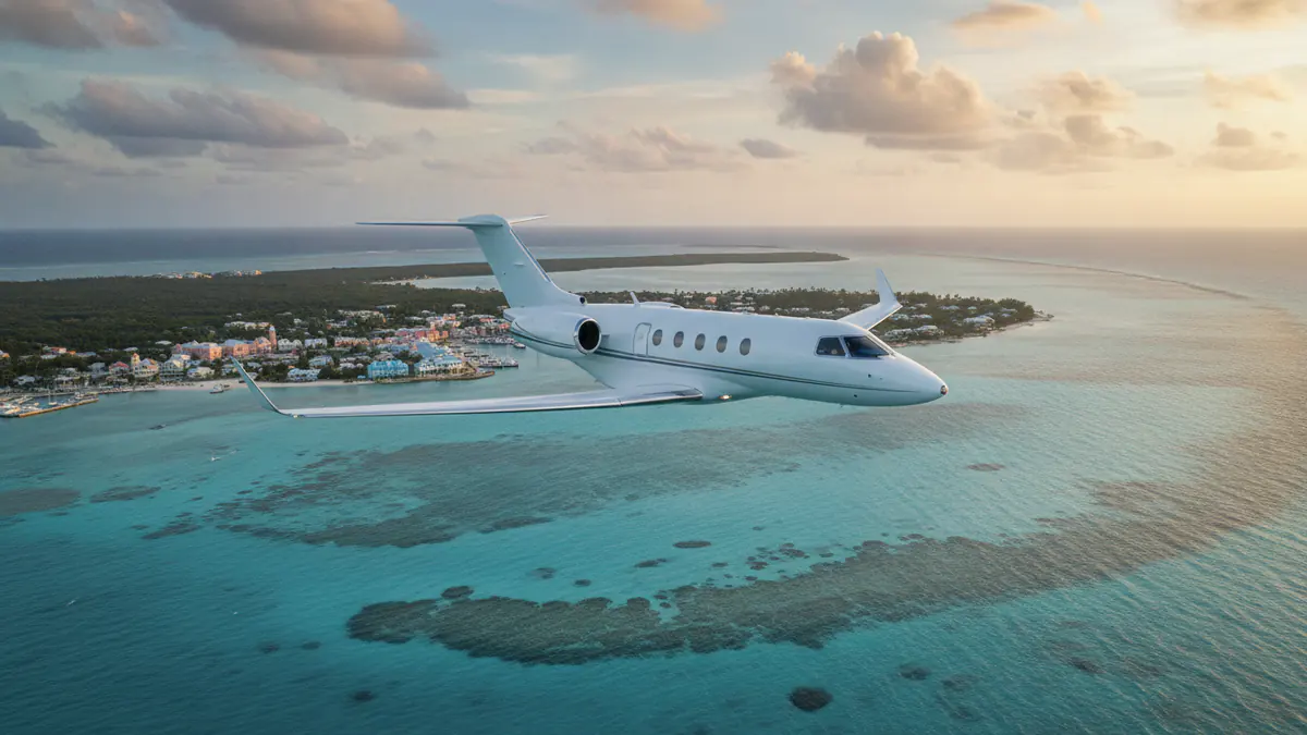 Private jet Miami to Nassau Private jet Miami to Nassau: light jet descending towards Nassau