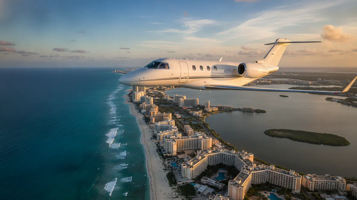 Private jet New York to Cancún Private jet New York to Cancún: light jet descending towards Cancún