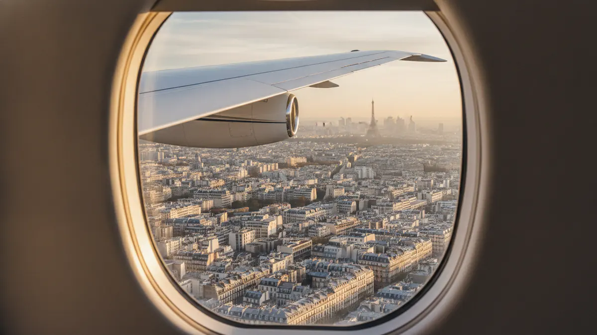 Private jet New York to Paris: cabin window view on approach to Paris