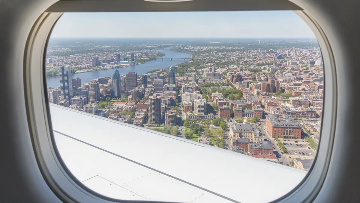 Private jet New York to Philadelphia: cabin window view on approach to Philadelphia