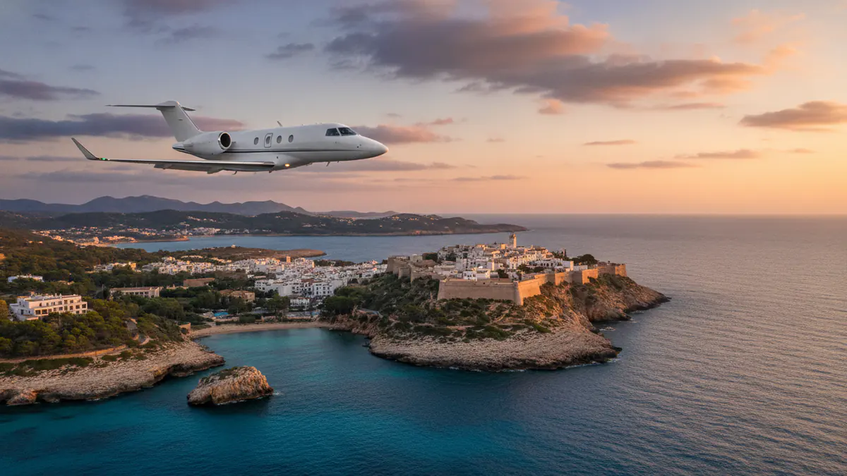 Private jet Paris to Ibiza Private jet Paris to Ibiza: light jet descending towards Ibiza
