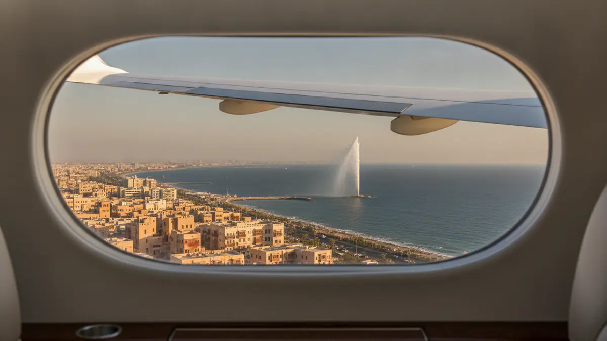 Private jet Riyadh to Jeddah: cabin window view on approach to Jeddah
