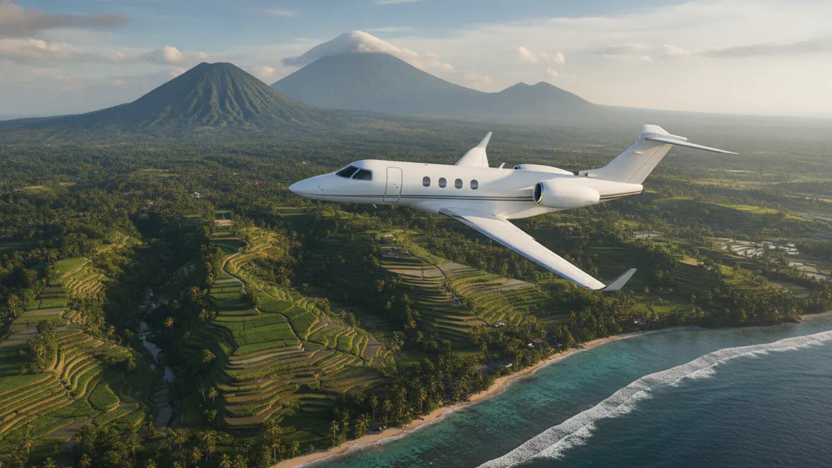 Private jet Singapore to Bali Private jet Singapore to Bali: light jet descending towards Bali