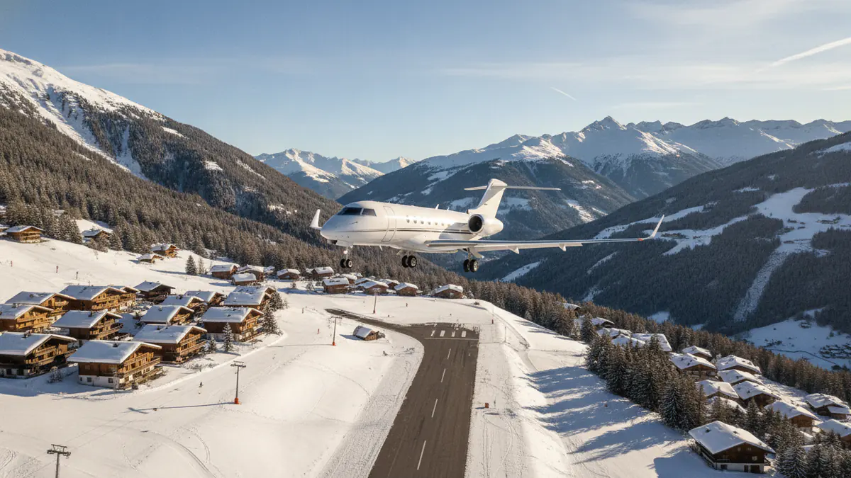 Private jet to Courchevel: business jet on approach to Courchevel in the ski season