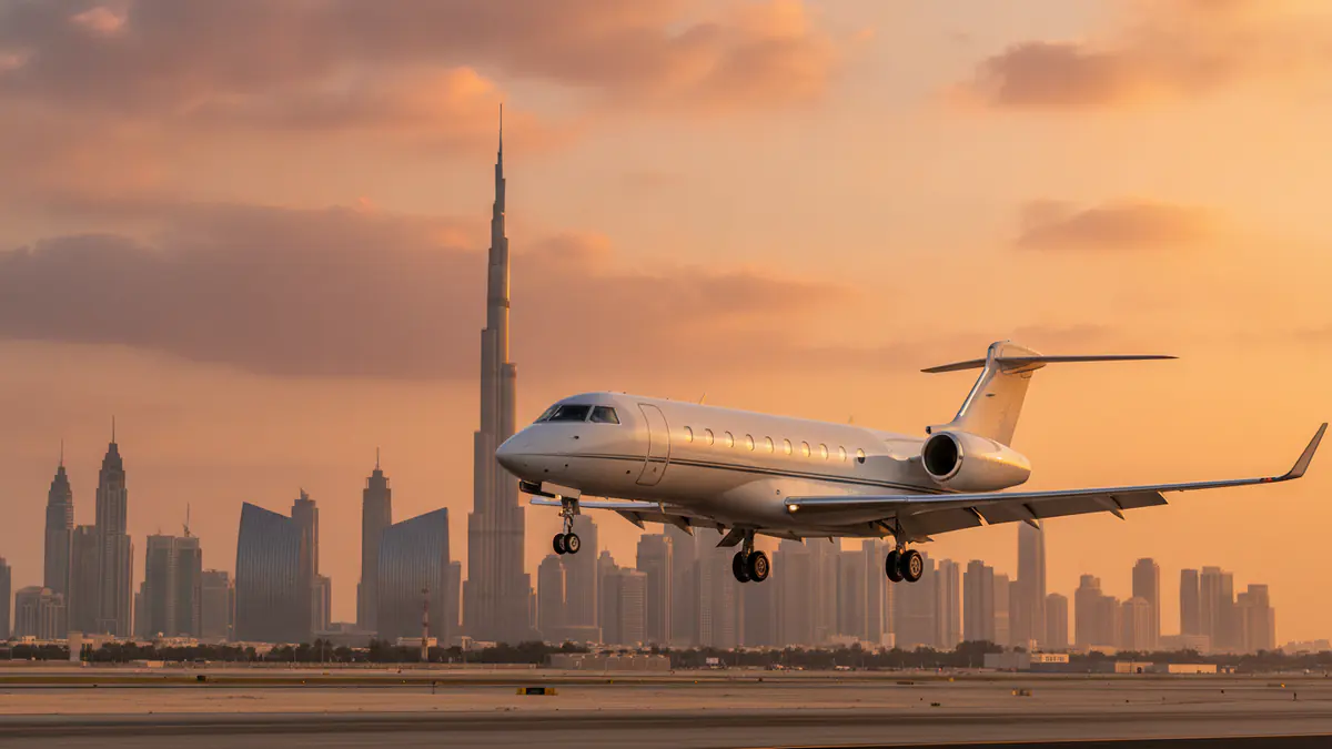Private jet to Dubai: business jet on approach to Dubai