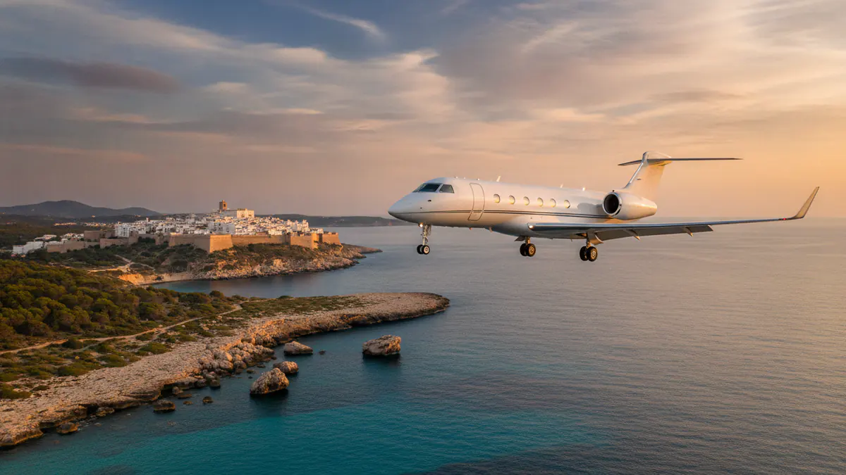 Private jet to Ibiza: business jet on approach to Ibiza in the summer season