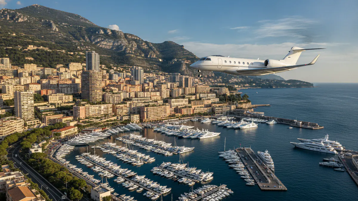 Private jet to Monaco: business jet on approach to Monaco in the grand prix