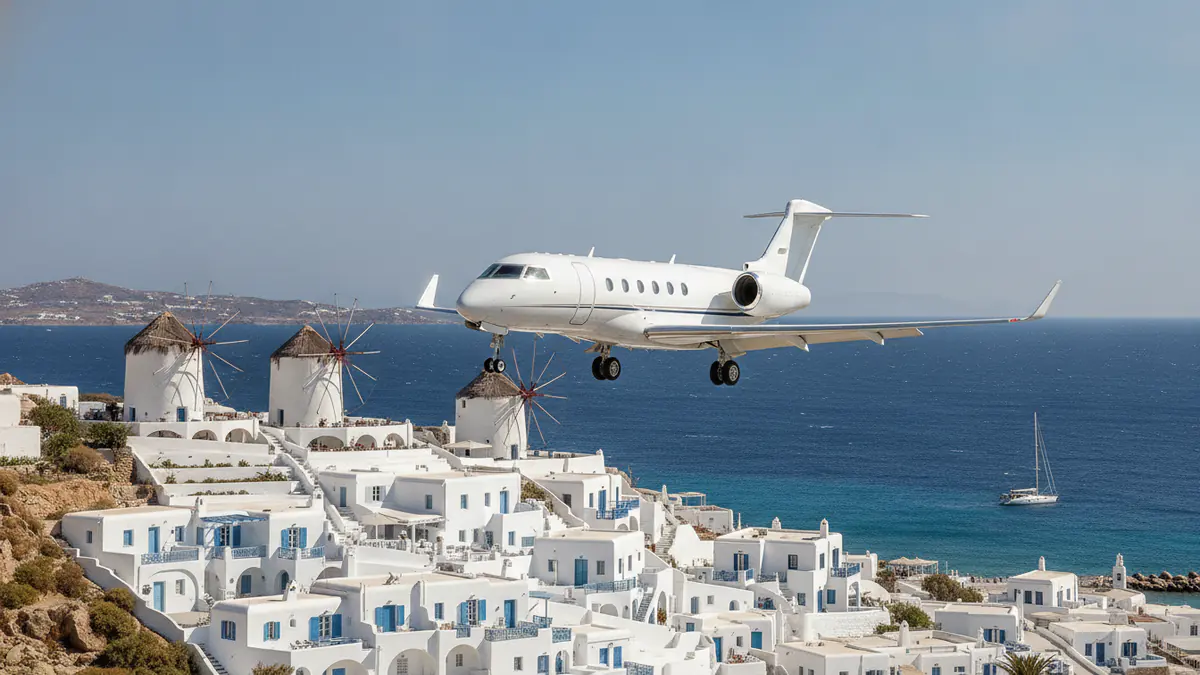Private jet to Mykonos: business jet on approach to Mykonos in the high summer