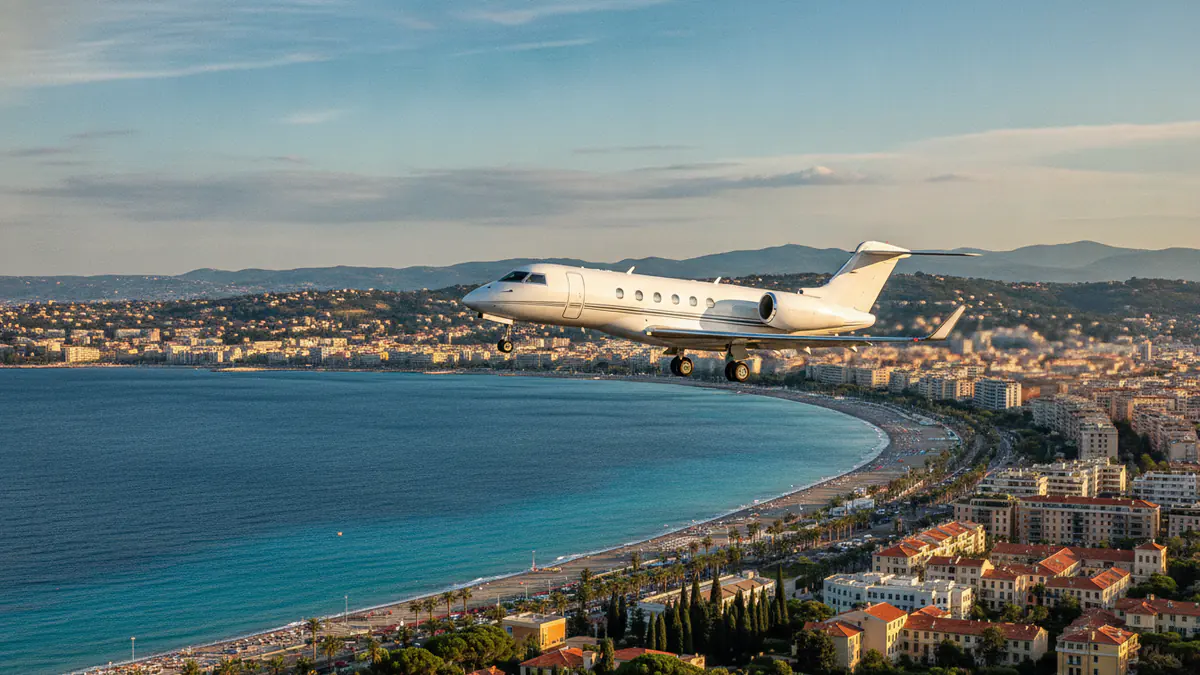 Private jet to Nice: business jet on approach to Nice in the riviera summer