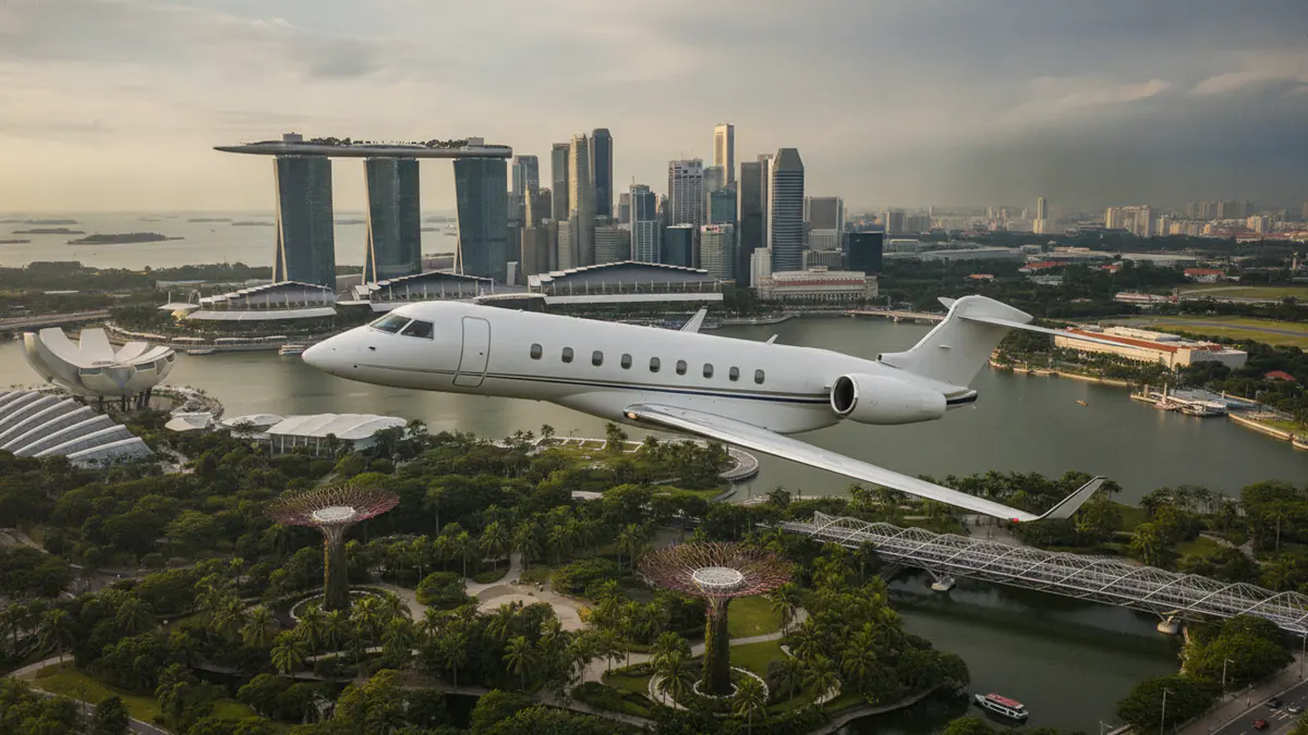 Private jet Tokyo to Singapore Private jet Tokyo to Singapore: super midsize jet descending towards Singapore