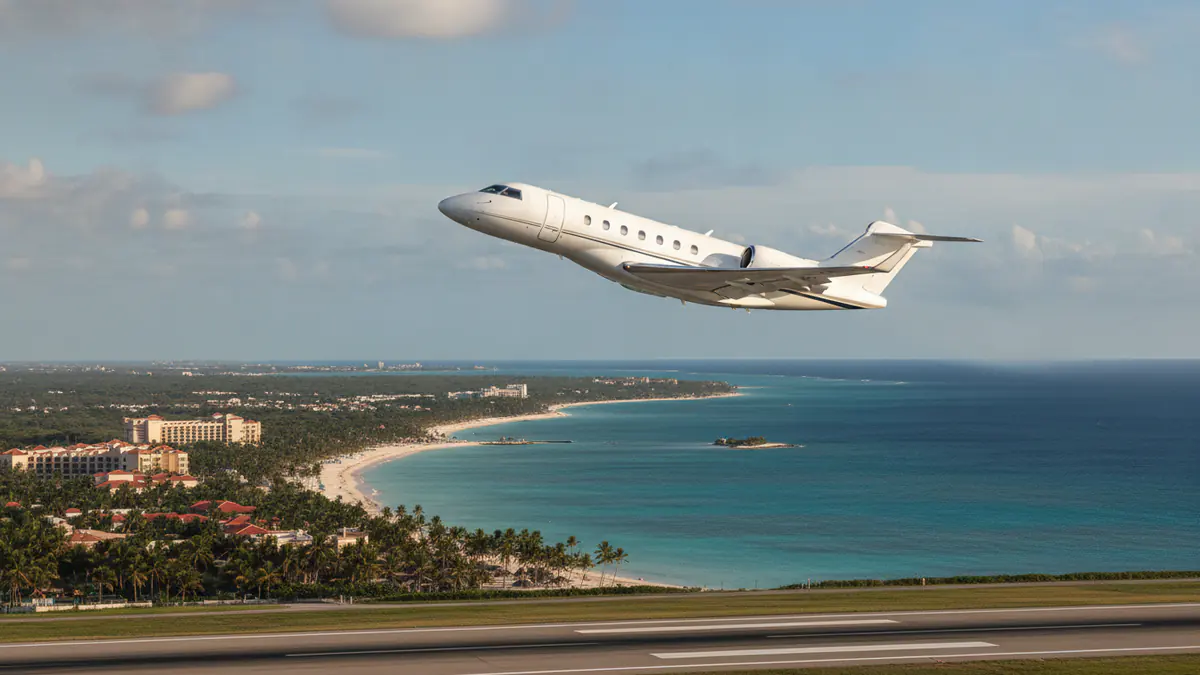 Private jet travel Dominican Republic Private jet travel Dominican Republic: business jet taking off with Dominican Republic in the background