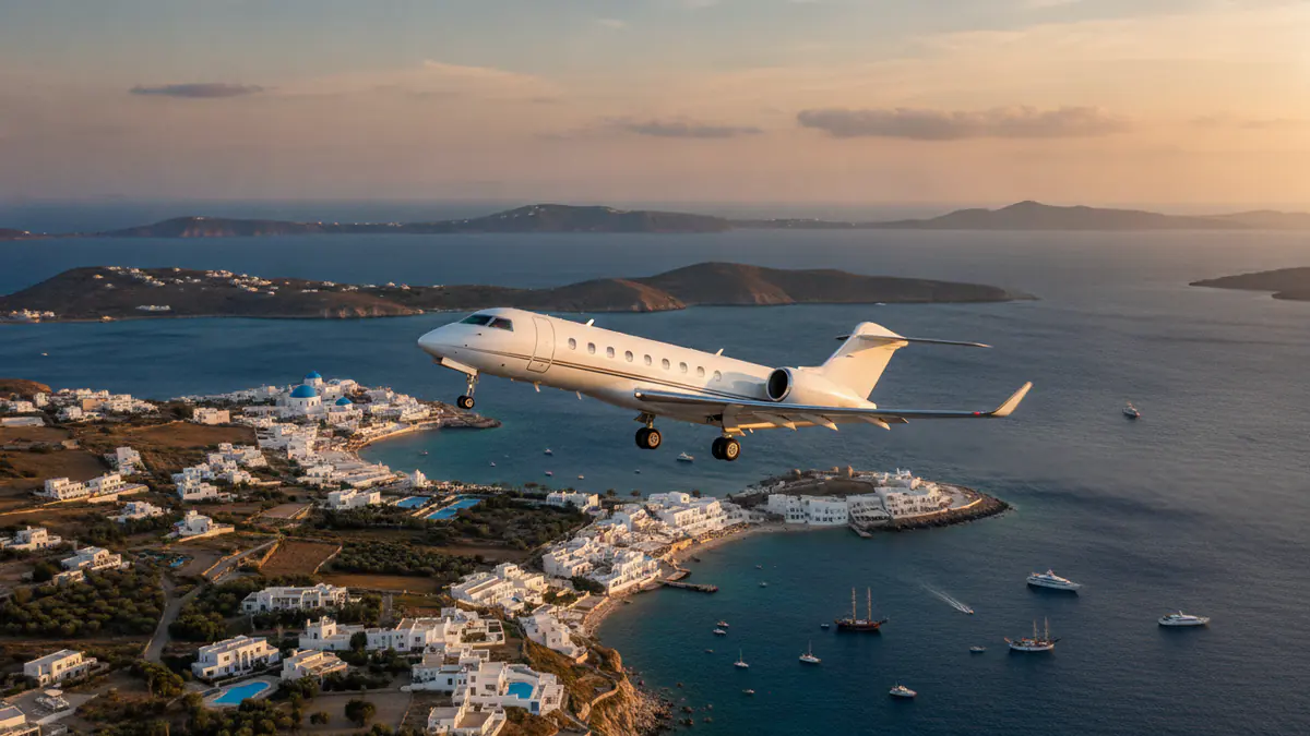 Private jet travel Greece: business jet taking off with Greece in the background