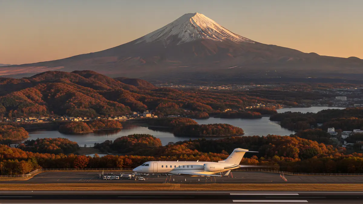 Private jet travel Japan Private jet travel Japan: business jet taking off with Japan in the background