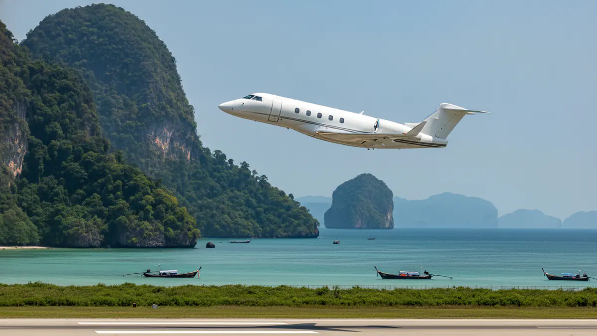 Private jet travel Thailand Private jet travel Thailand: business jet taking off with Thailand in the background