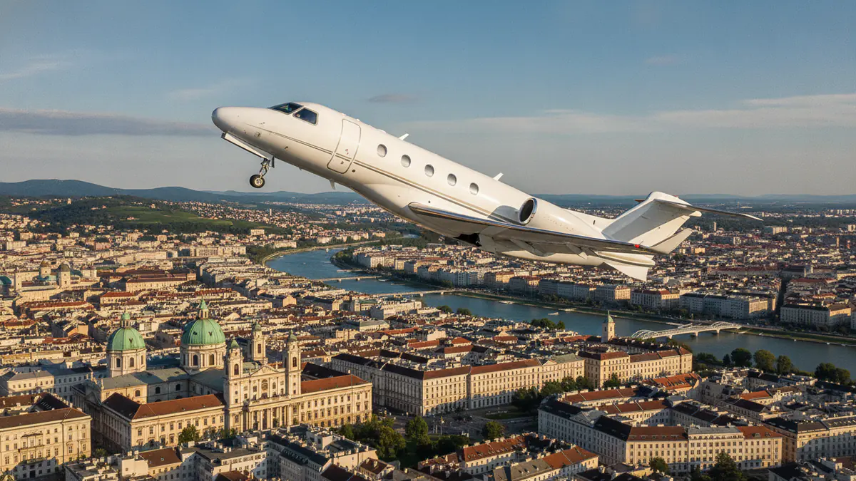 Private jet Vienna to London: light jet climbing out of Vienna