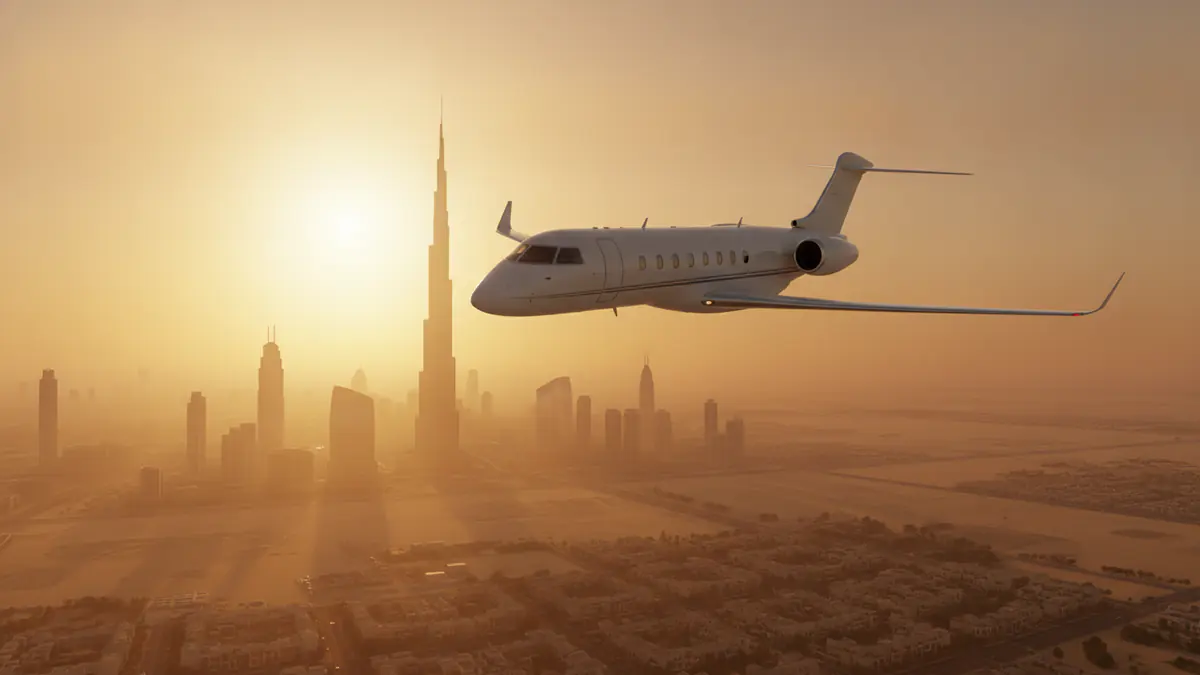 Private jet Zurich to Dubai Private jet Zurich to Dubai: super midsize jet descending towards Dubai