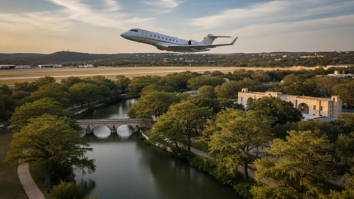 San Antonio flight services San Antonio flight services: business jet taking off with San Antonio in the background