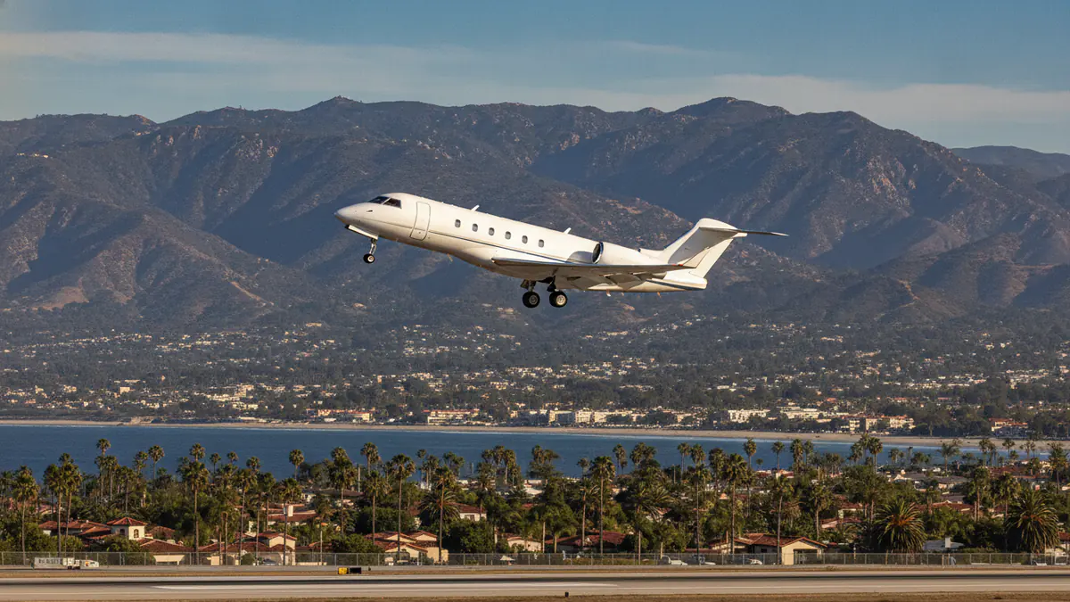 Santa Barbara private jets Santa Barbara private jets: business jet taking off with Santa Barbara in the background