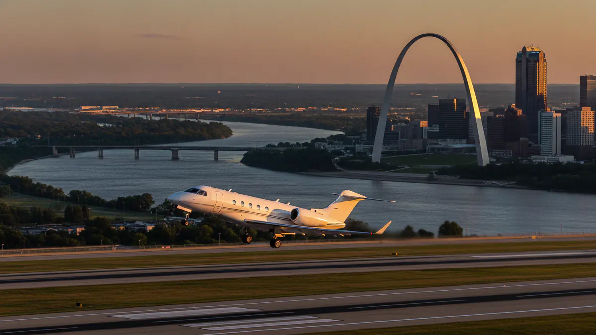 St Louis private jet charter St Louis private jet charter: business jet taking off with St. Louis in the background