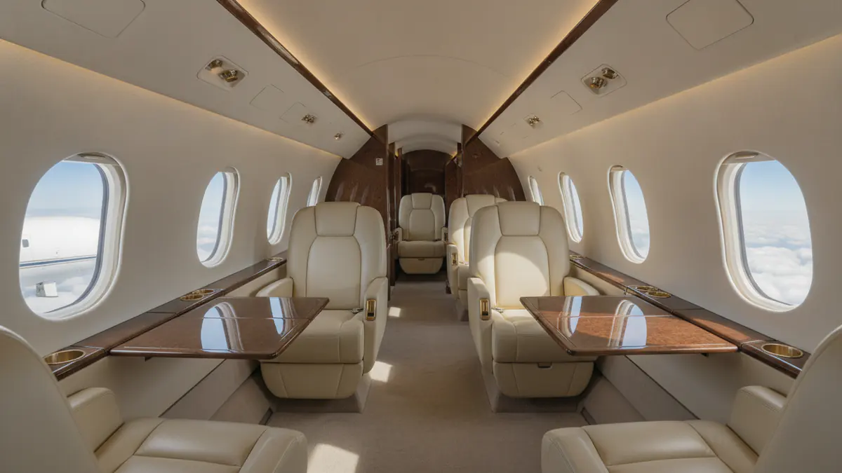 Super midsize jet charter Super midsize jet charter: super midsize jet cabin with leather seats and oval windows