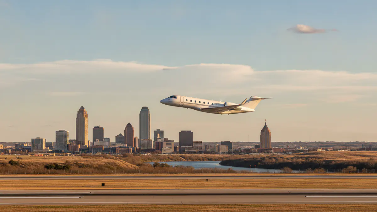 Tulsa private jet charter Tulsa private jet charter: business jet taking off with Tulsa in the background