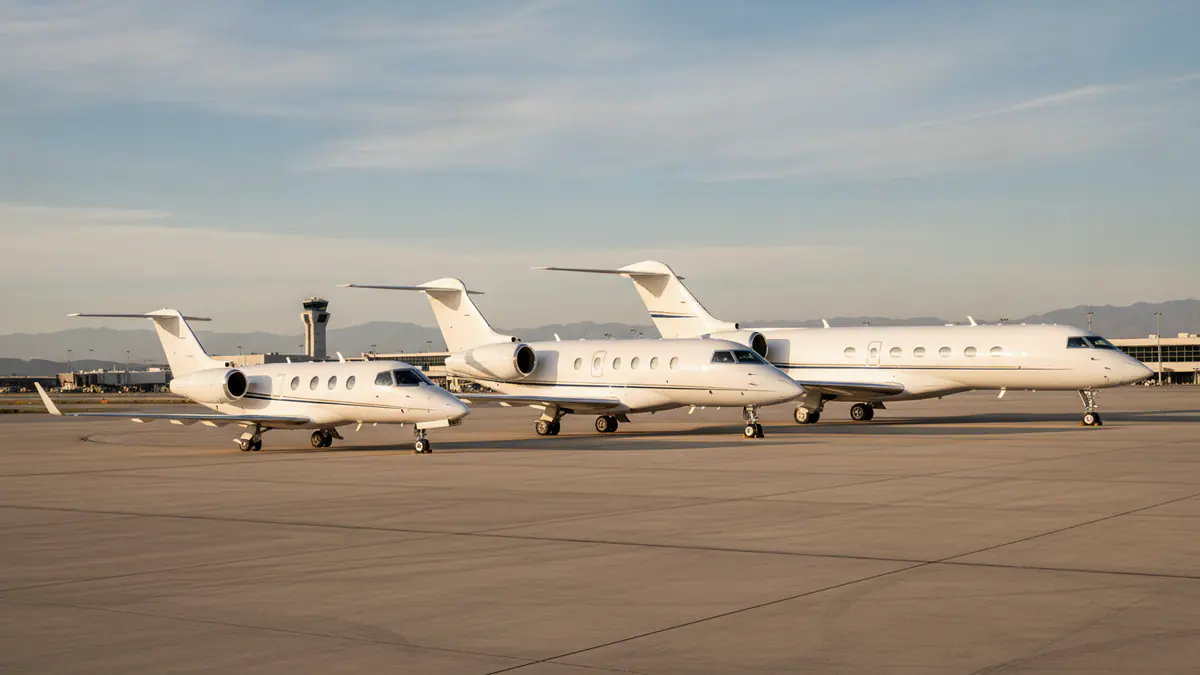 Types of private jets: light, midsize and long-range business jets parked side by side