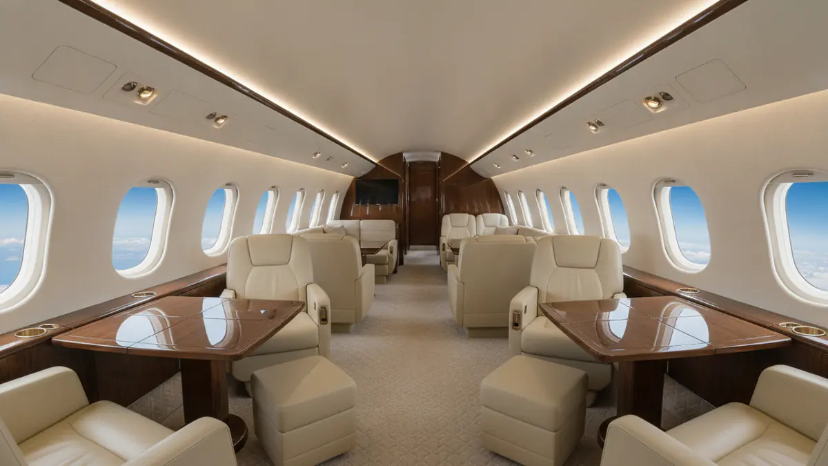 Ultra long range jet charter: ultra long range jet cabin with leather seats and oval windows