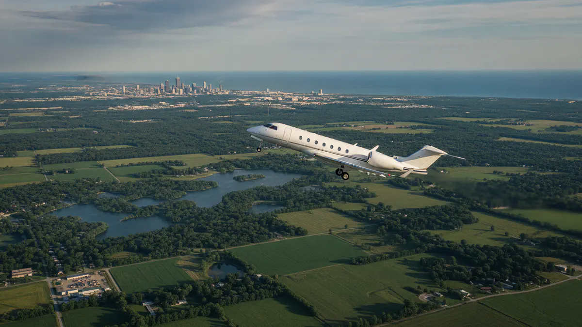 Wisconsin private jet charter Wisconsin private jet charter: business jet taking off with Wisconsin in the background